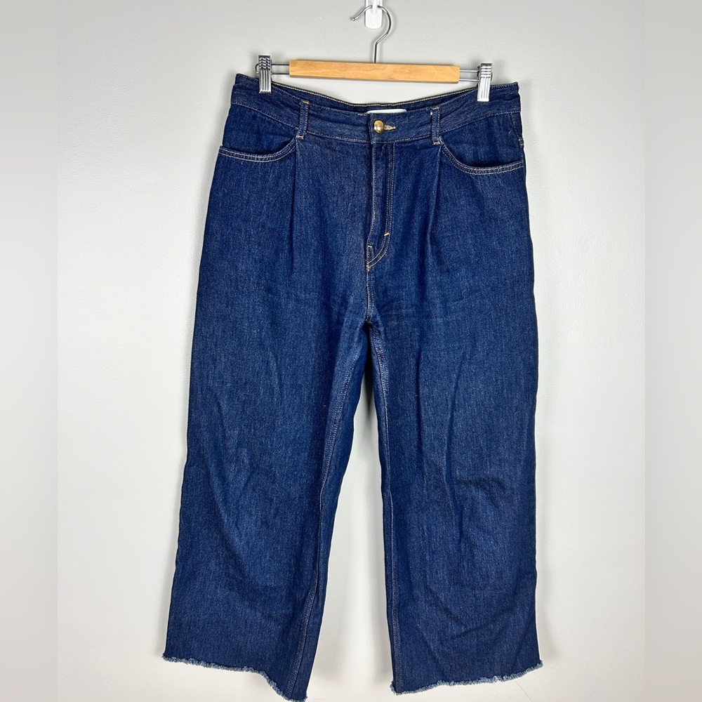 ZARA Wide Leg‎ Pleated Jeans Size 8 Indigo Dark Wash High Rise